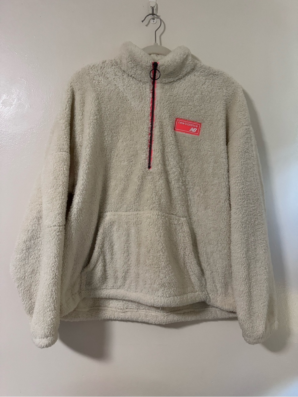 New Balance Cream Sherpa Quarter-Zip Pullover with Neon Orange Trim